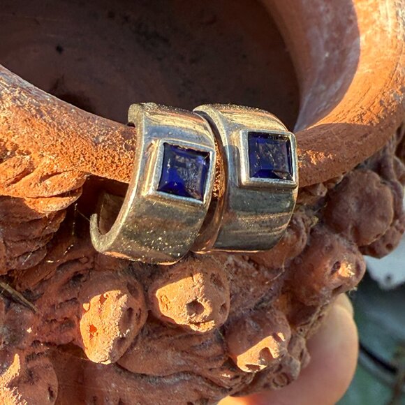 Vintage Sterling Silver & Blue CZ Hoop Pierced Earrings - Picture 5 of 10